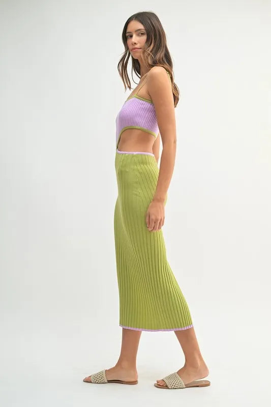 MABLE Ribbed Knit Color Block Cutout Midi Dress