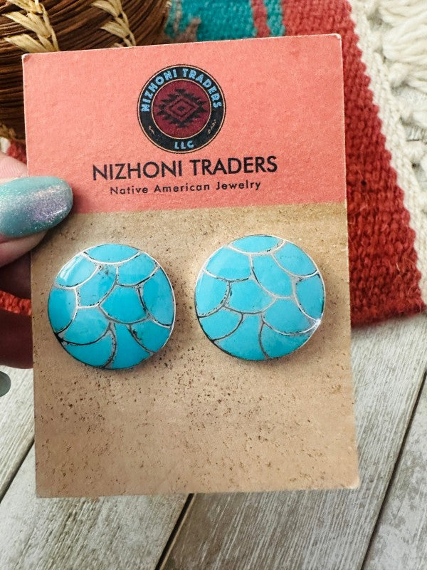 Zuni Turquoise & Sterling Silver Inlay Post Earrin