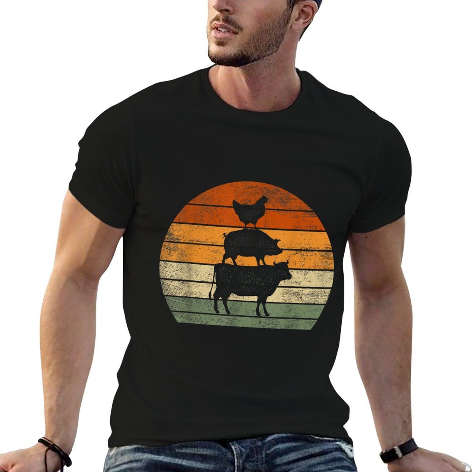 Farm Animals Gifts Women Men Cow Pig Chicken Print Graphic  Oversized Silhouette T-Shirt