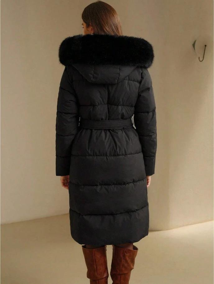 Anewsta Women's Solid Color Long Sleeve Zip Up Hooded Padded Coat With Faux Fur Trim