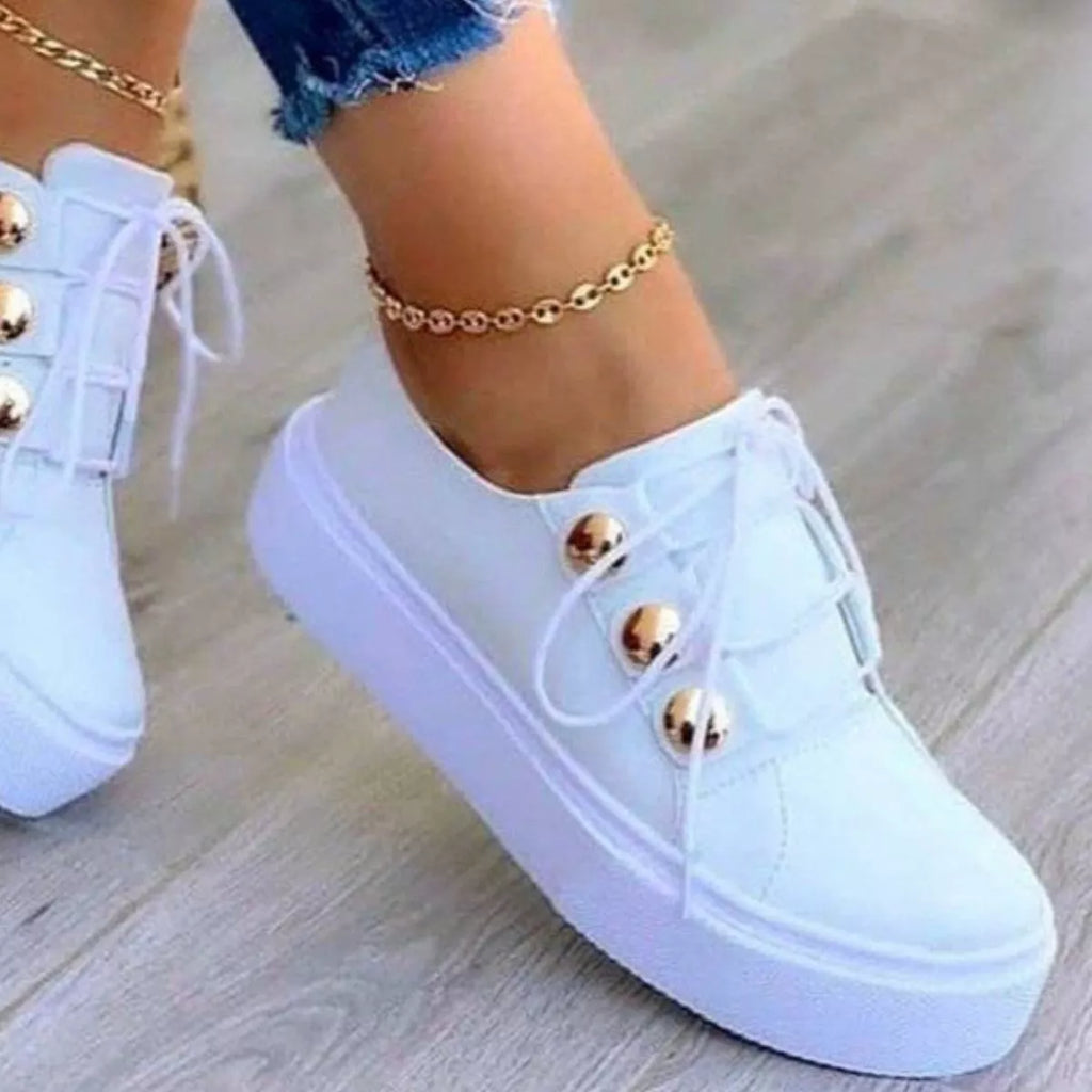 Women's Black Platform Sneakers with Gold Button Details