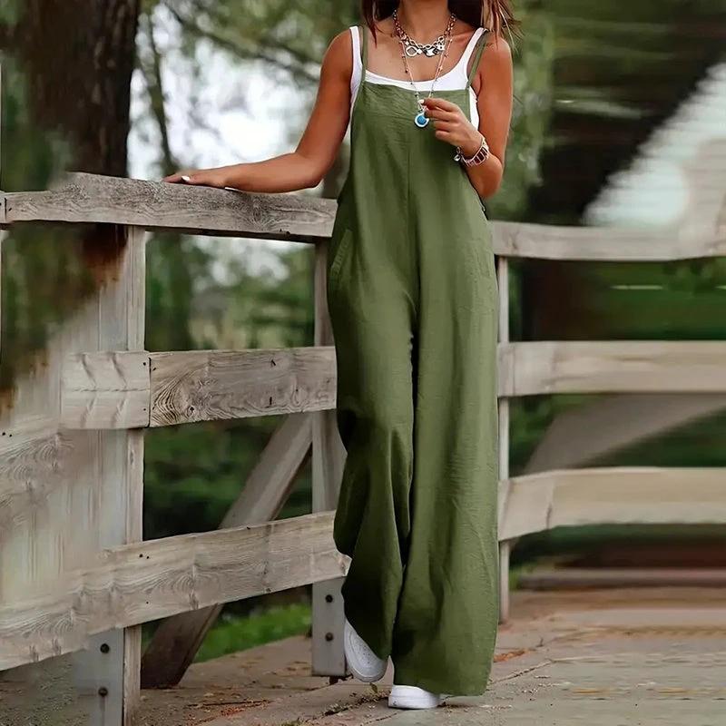 Plus Size Women's Solid Color Casual Jumpsuit - Sleeveless Romper With Pockets For Spring&Summer