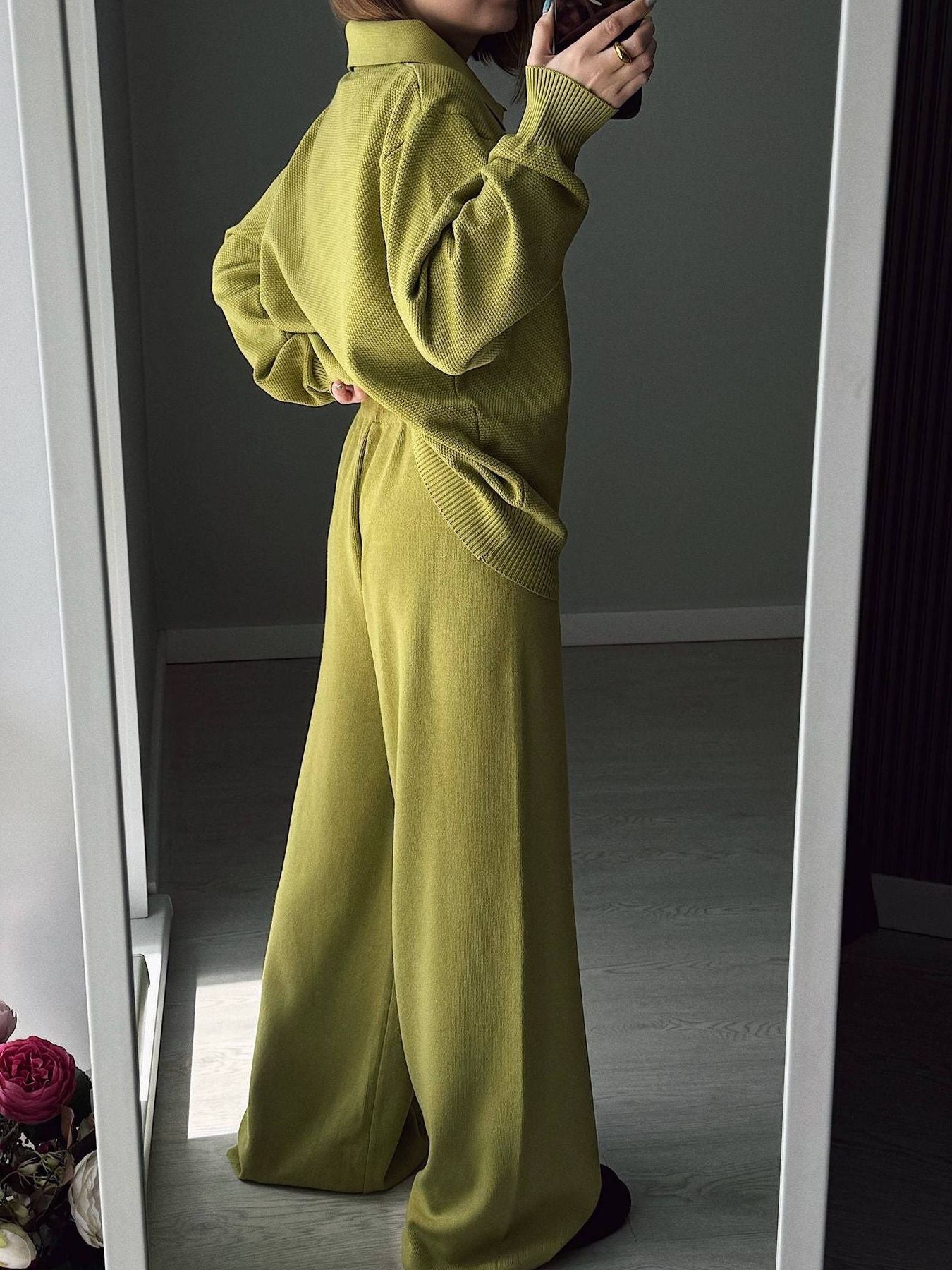 Women's Knit Polo Top and Wide Leg Pants Two-Piece Set