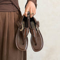Women's Handwoven Cowhide Thong Sandals | Full-Grain Leather Ankle Buckle Flat Shoes