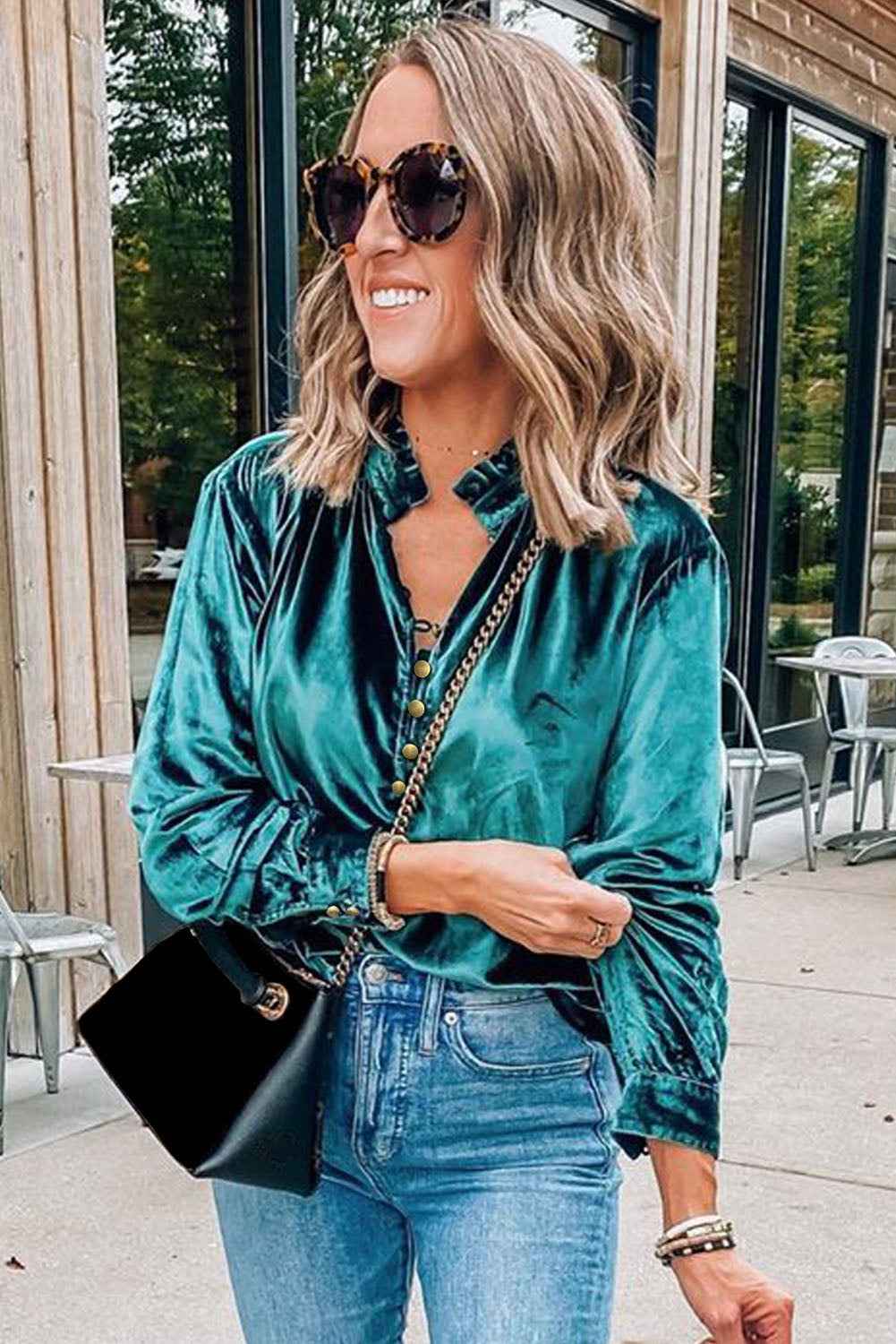 Green Frilled Neck Buttoned Front Velvet Women's Top