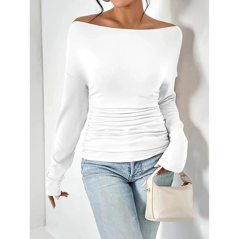 Women's Off The Shoulder Tops Long Sleeve T Shirts Going Out Tops Casual Trendy Ruched Slim Fitted Tees
