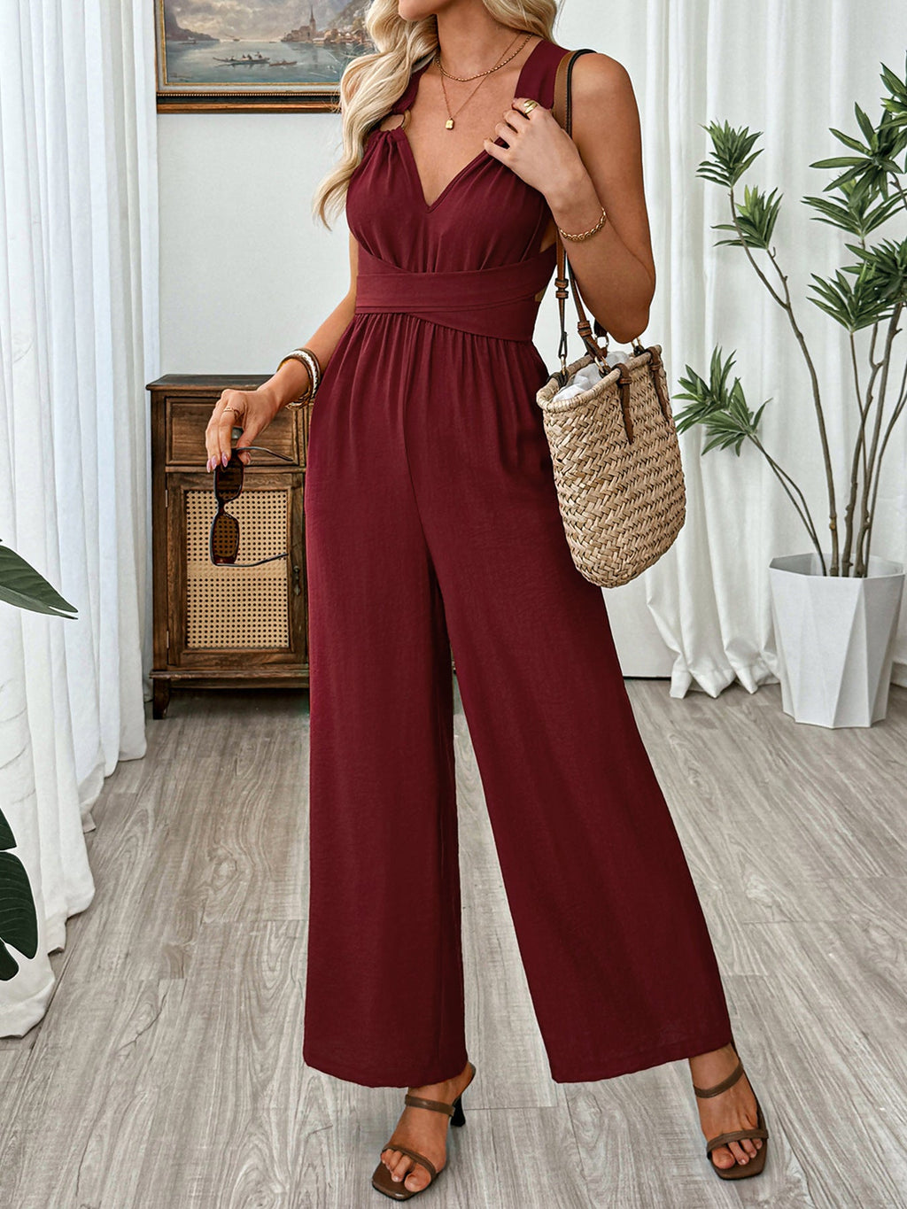 Women's Deep Red V-Neck Sleeveless Wide Leg Crisscross Jumpsuit