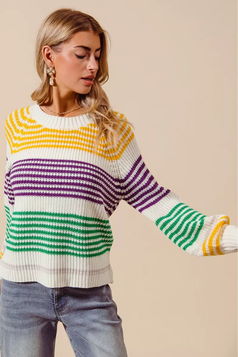 SO ME Mardi Gras Striped Raglan Sweater Top For Women Bold Colors Cozy Knit Giftable Holiday Essential