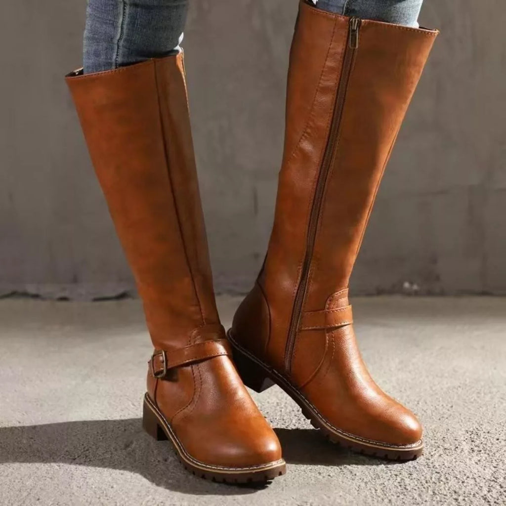 Women's Round Toe Knee High Buckle Boots Low Heel Fashion