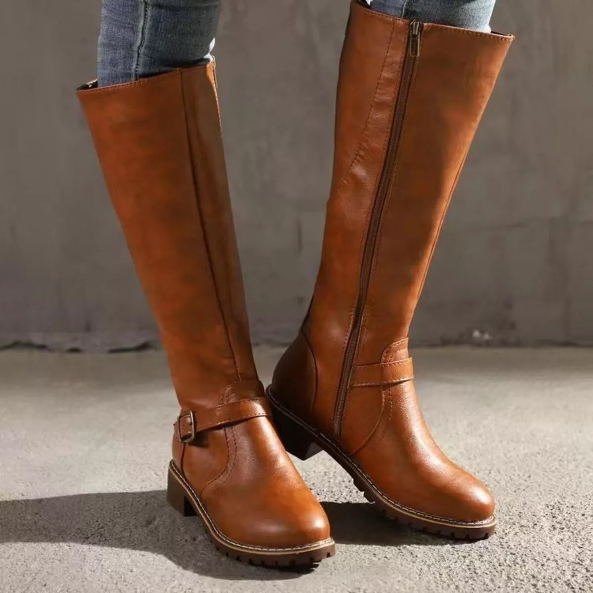 Women's Round Toe Knee High Buckle Boots Low Heel Fashion