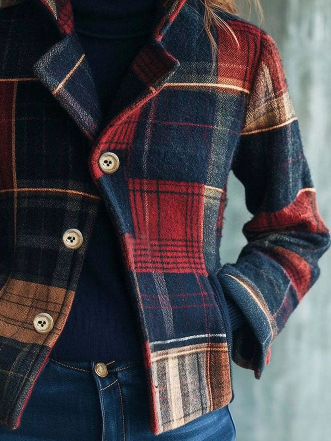 Women's Plaid Button Up Blazer Casual Long Sleeve Fall Jacket