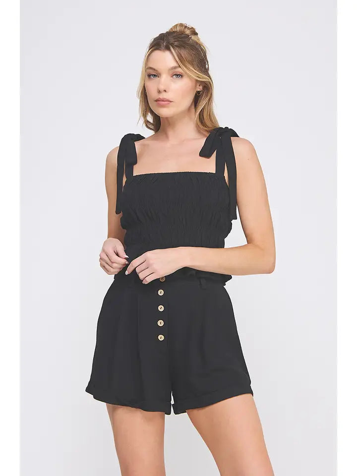Soft Linen Smocked Tie Straps Tank: Black