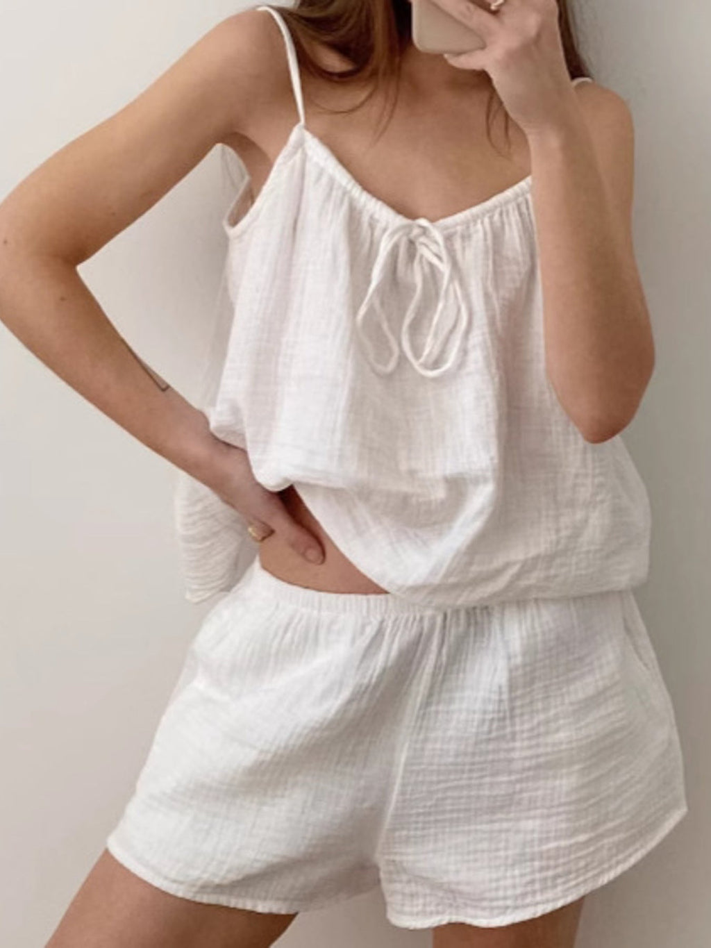White Tie Front Relaxed Cami and Shorts Two-Piece Set