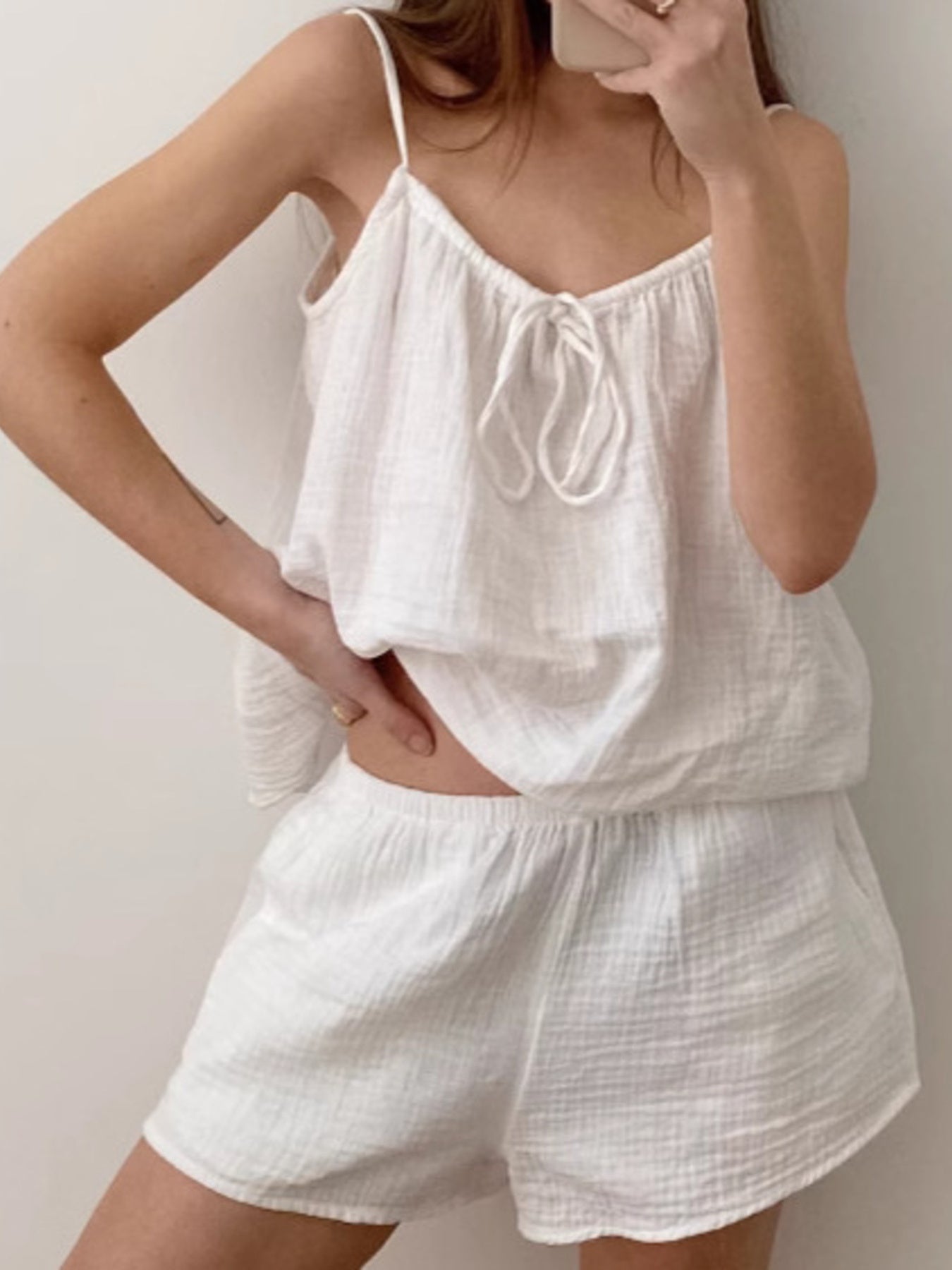 White Tie Front Relaxed Cami and Shorts Two-Piece Set