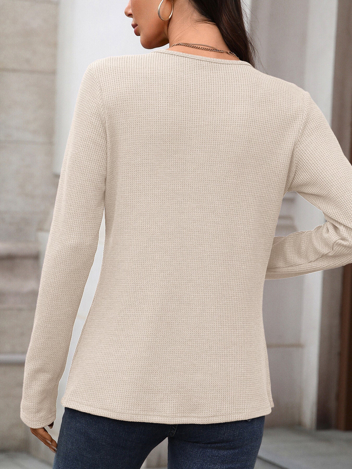 Women's Waffle Knit Buttoned Long Sleeve Henley T-Shirt