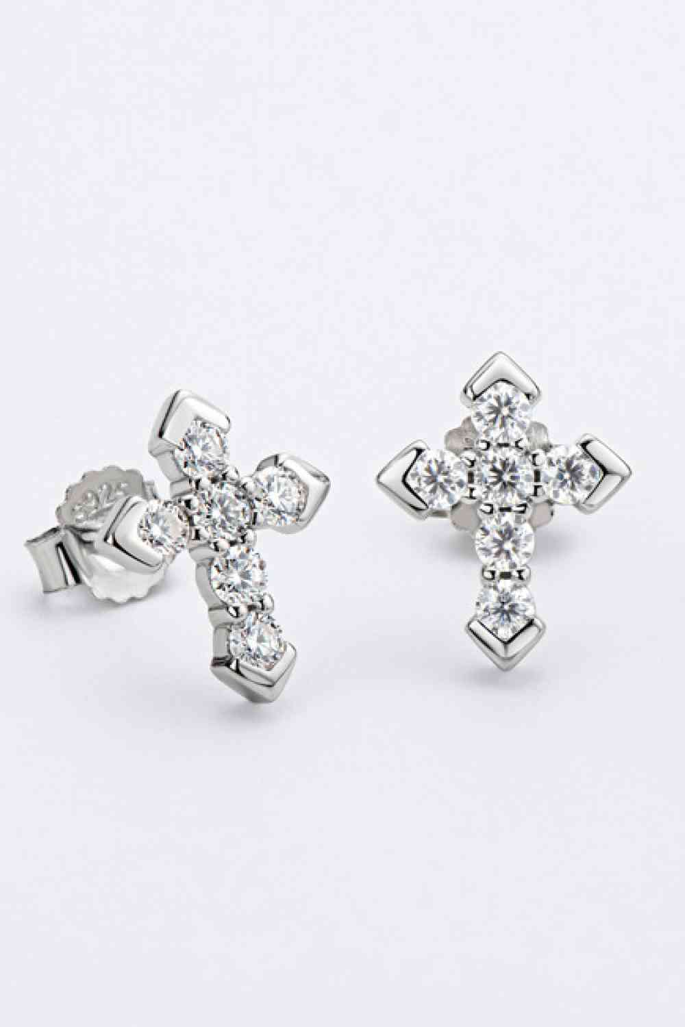 Moissanite Elegance Cross Stud Earrings – Minimalist Design in Platinum-Plated Silver See size chart under “more details”