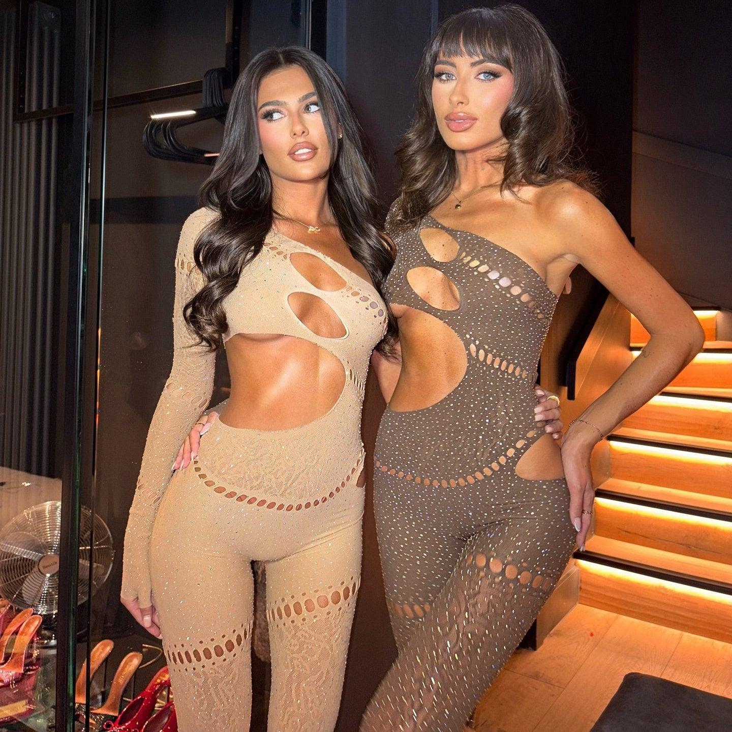 Bad Girl Rhinestone Embellished Brown Jumpsuit