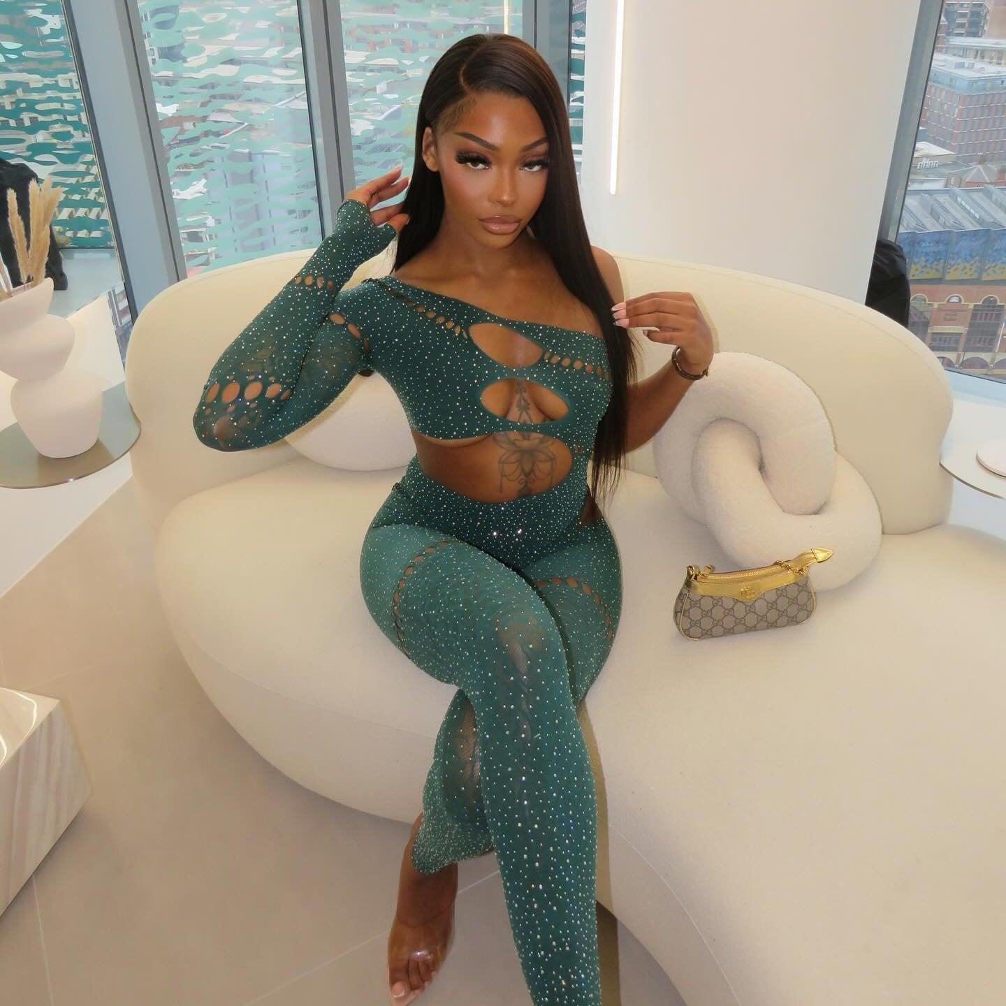 Bad Girl Rhinestone Embellished Dark Green Jumpsuit