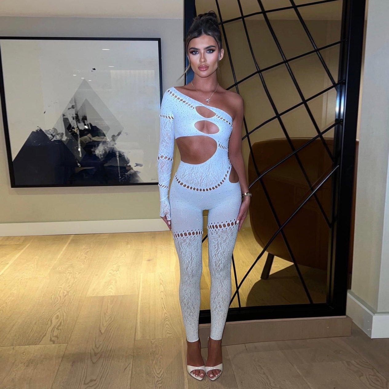 Bad Girl Rhinestone Embellished White Jumpsuit