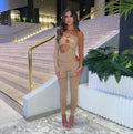 Bad Girl Rhinestone Embellished Nude Jumpsuit