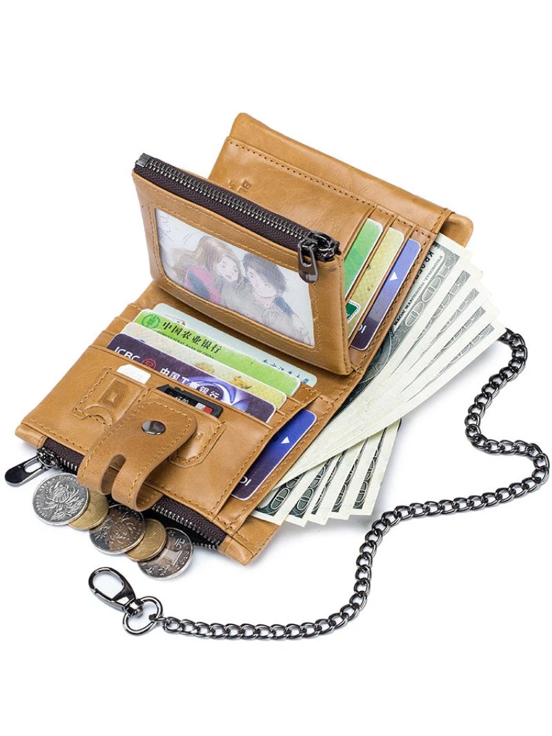 Men's Retro Genuine Leather Wallet Compact Bifold With Dual Zippers