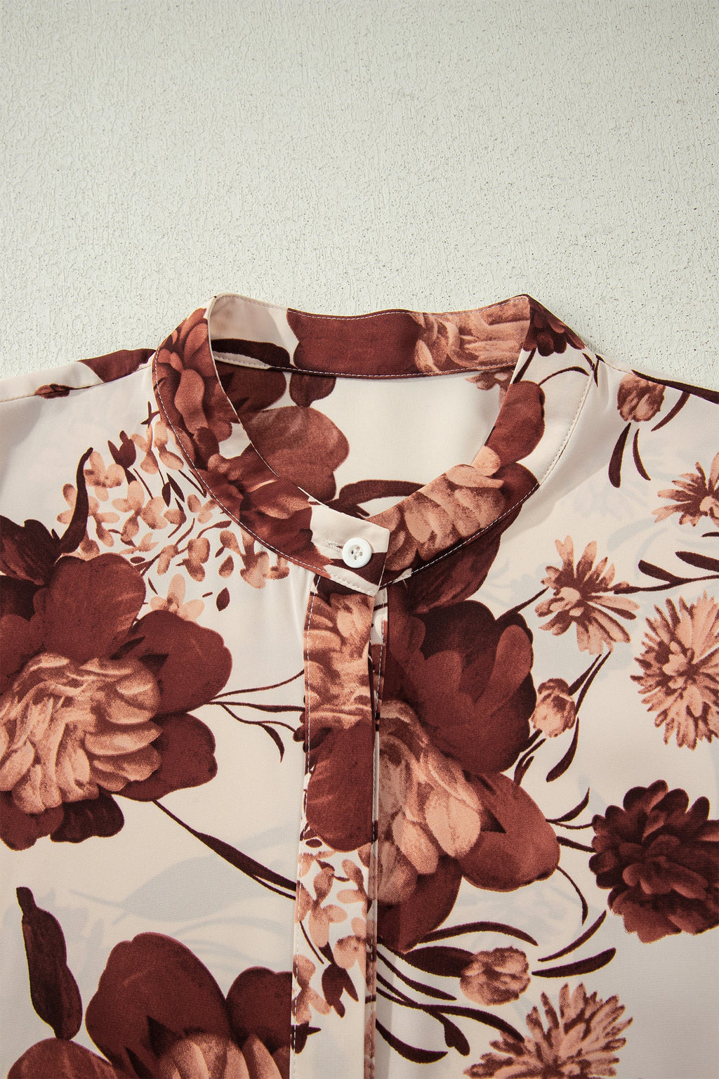 Brown Floral Print Button Down Poet Sleeve Women's Blouse