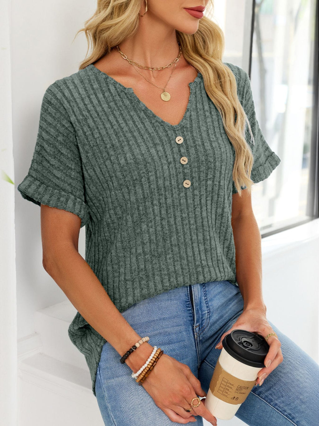Women's Ribbed Knit Short Sleeve V-Neck T-Shirt with Buttons
