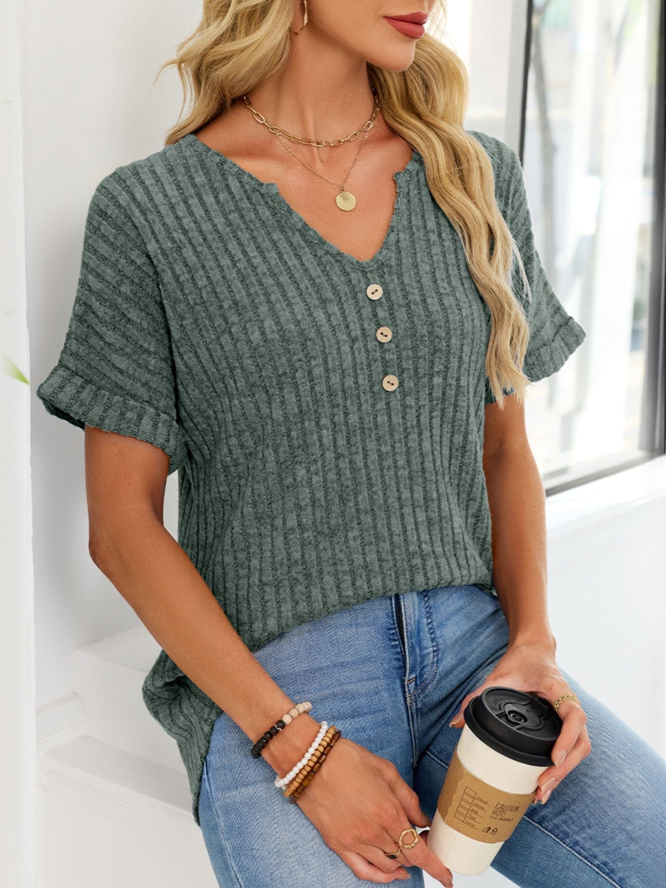 Women's Ribbed Knit Short Sleeve V-Neck T-Shirt with Buttons