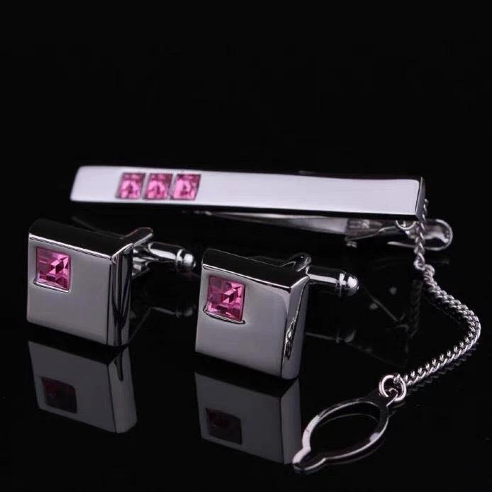 Men's Suit Shirt Rhinestone-encrusted Silver Cufflinks Tie Clip 3 Pieces Suit