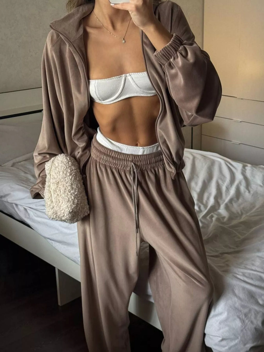 Zip Up Long Sleeve Polyester Outfit Set