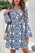 Blue Floral Print V-Neck Knot Long Sleeve Midi Dress
