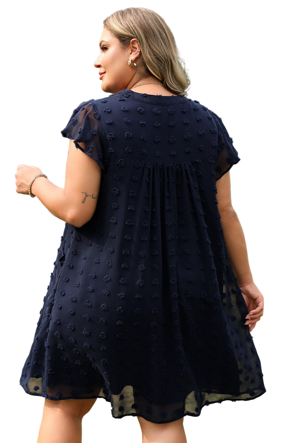 Black Dotty Textured Notched Neck Plus Ruffled Dress
