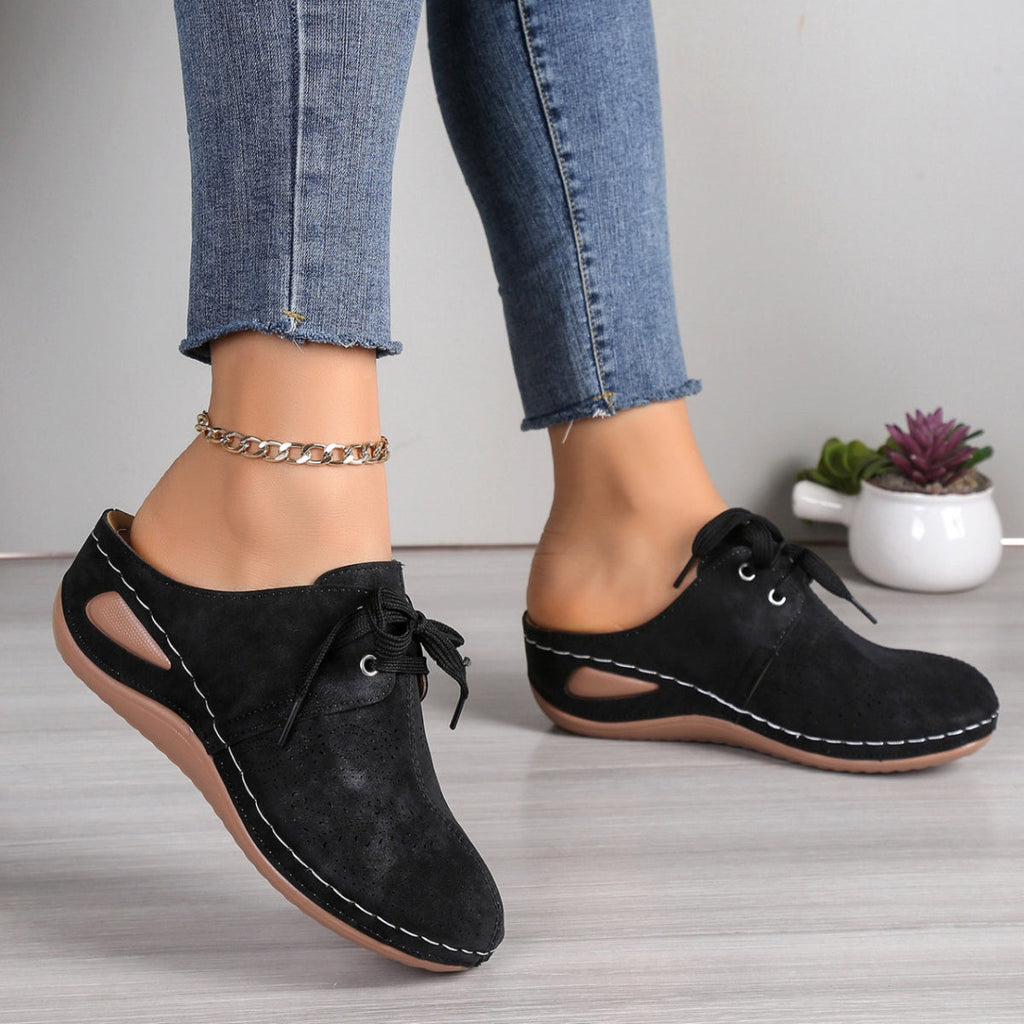 Women's Black Lace-Up Slip-On Mules Casual Comfort Wedge Shoes