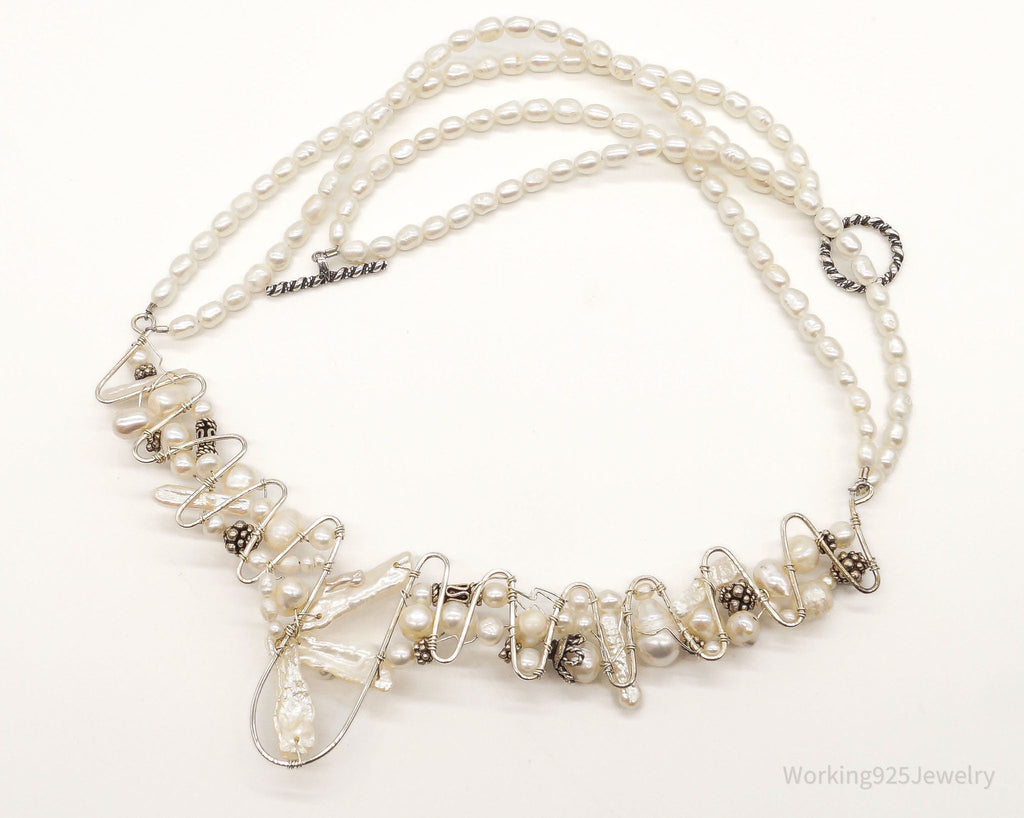 Vintage Pearls Beads Filigree Sterling Silver Necklace