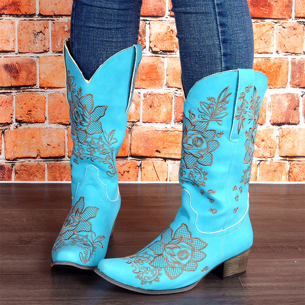 Womens Mid-Calf Boots With Embroidery Ethnic Style And A Comfortable Mid-Heel See size chart under “more details”