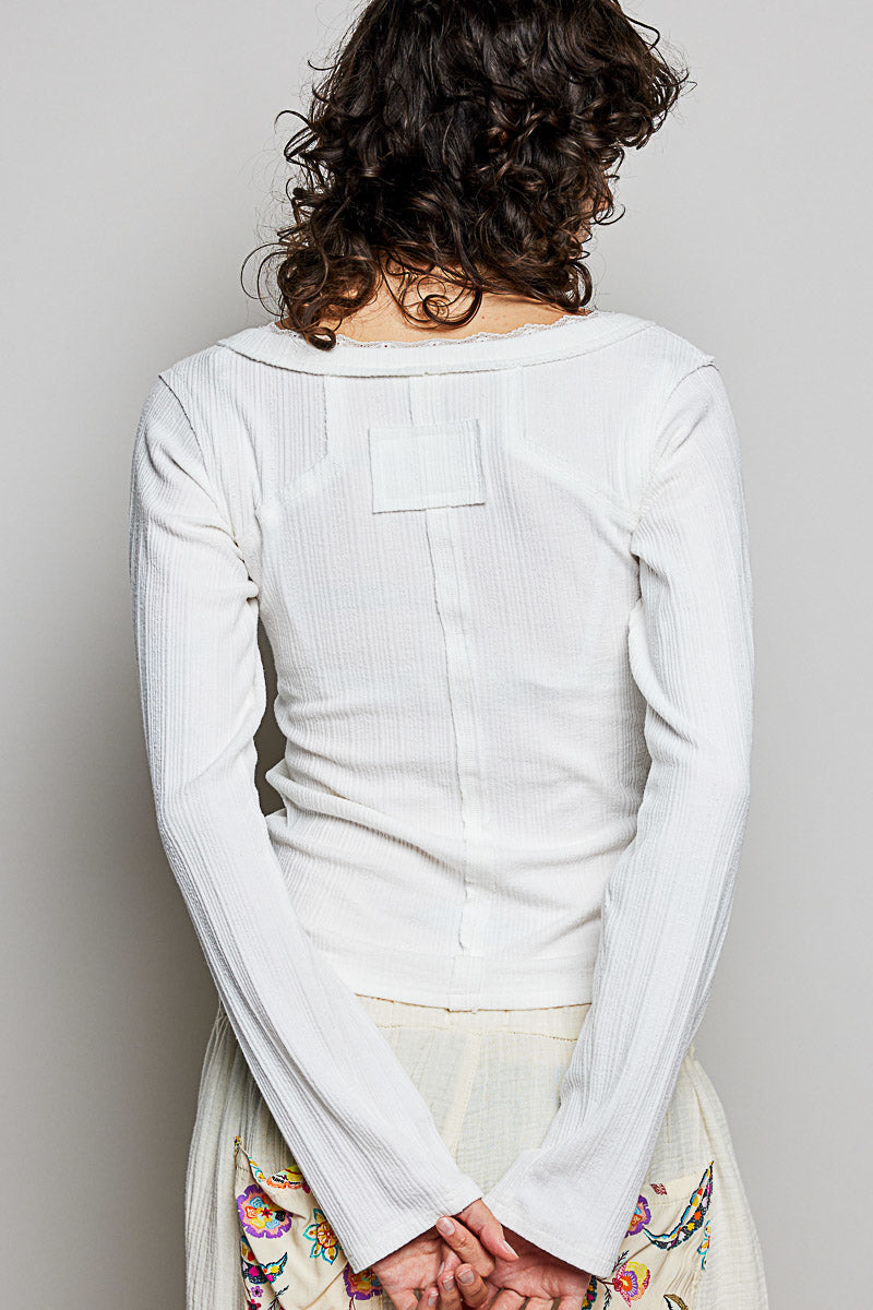 White V-Neck Ribbed Long Sleeve Top with Lace Trim Neckline