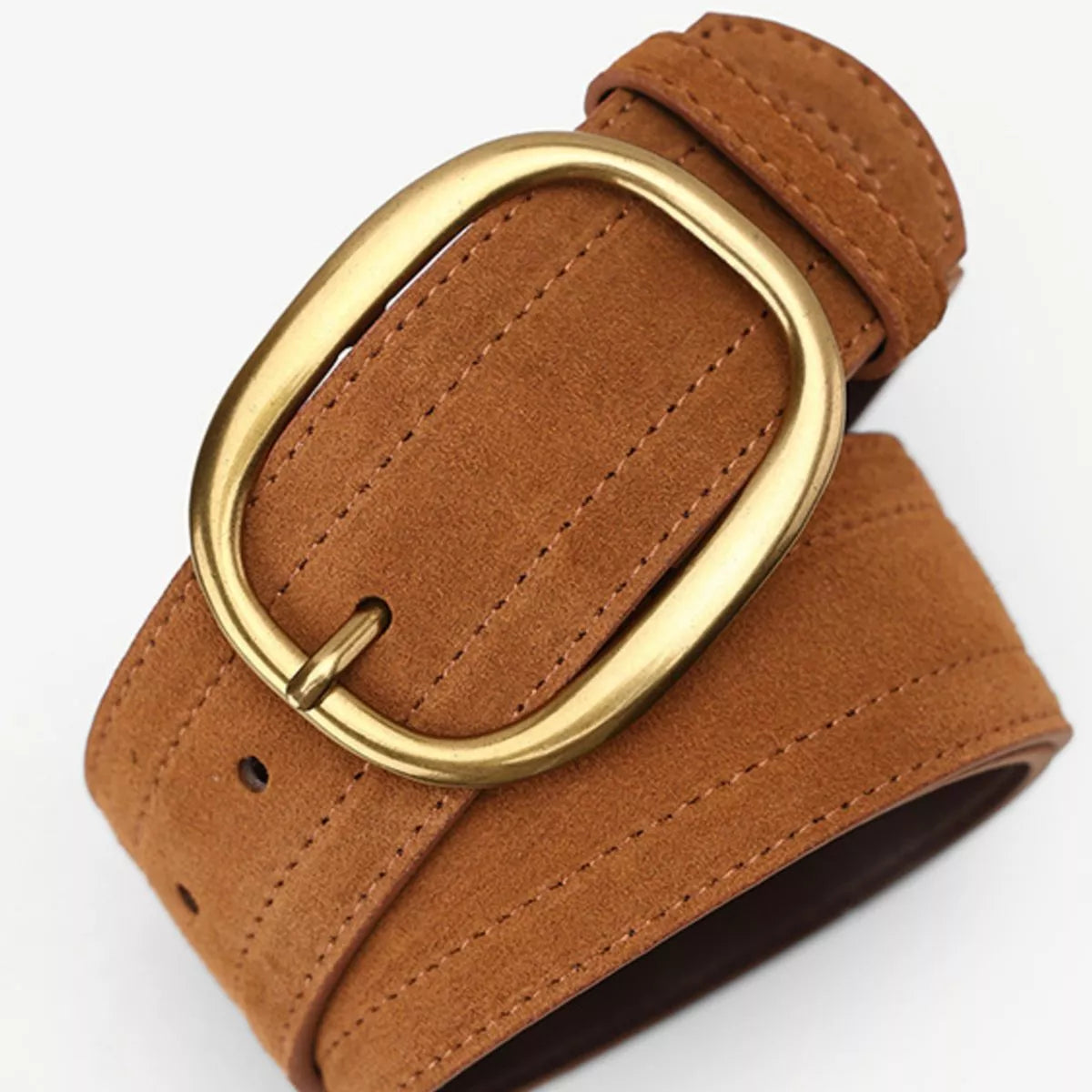 Wide Tan Suede Leather Belt with Gold Tone Oval Buckle