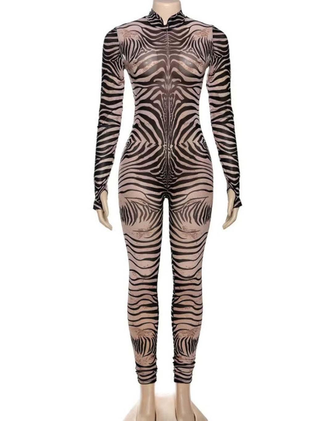 Zebra Print Long Sleeve Bodycon Jumpsuit with Front Zip