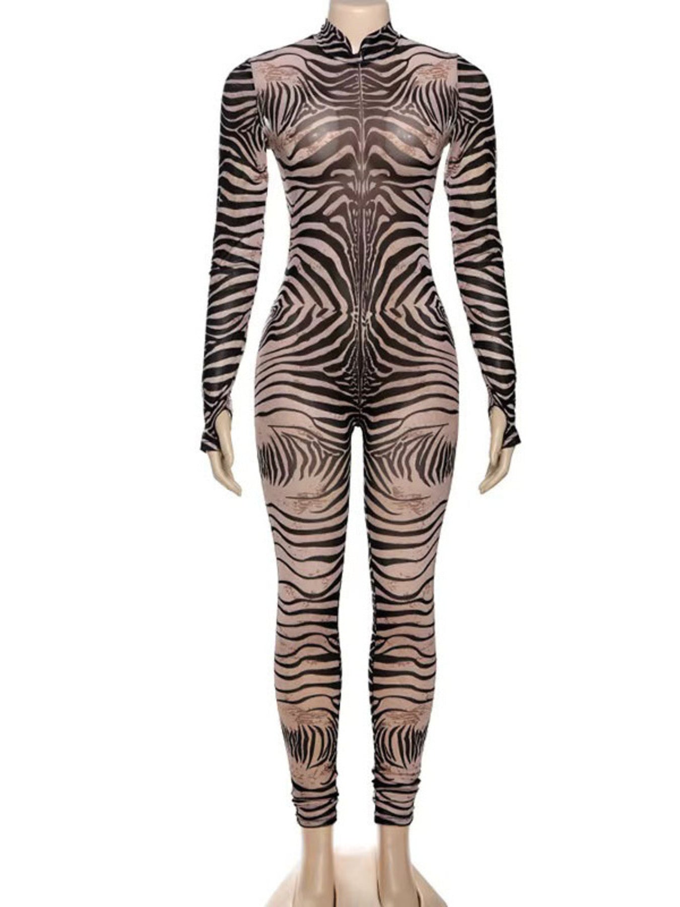 Zebra Print Long Sleeve Bodycon Jumpsuit with Front Zip