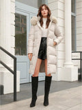 Anewsta Women's Solid Color Long Sleeve Zip Up Hooded Padded Coat With Faux Fur Trim