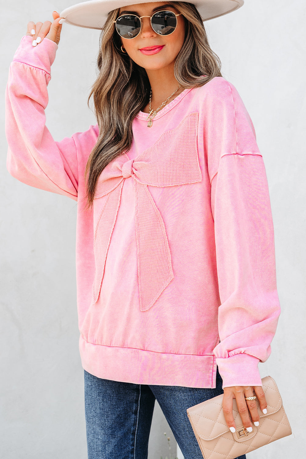 Light French Beige Mineral Wash Big Bow Patchwork Pullover Women's Sweatshirt