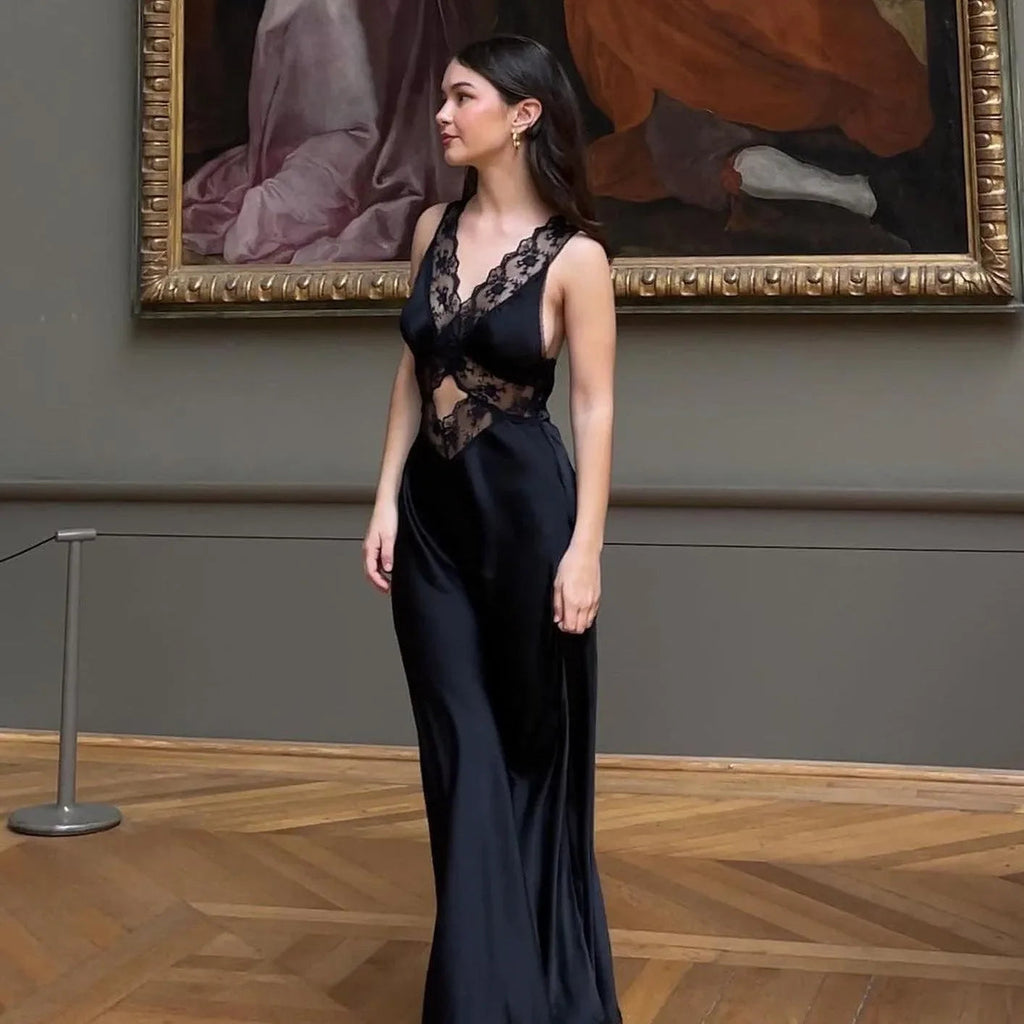 Be Mine Satin Lace Black Maxi Dress