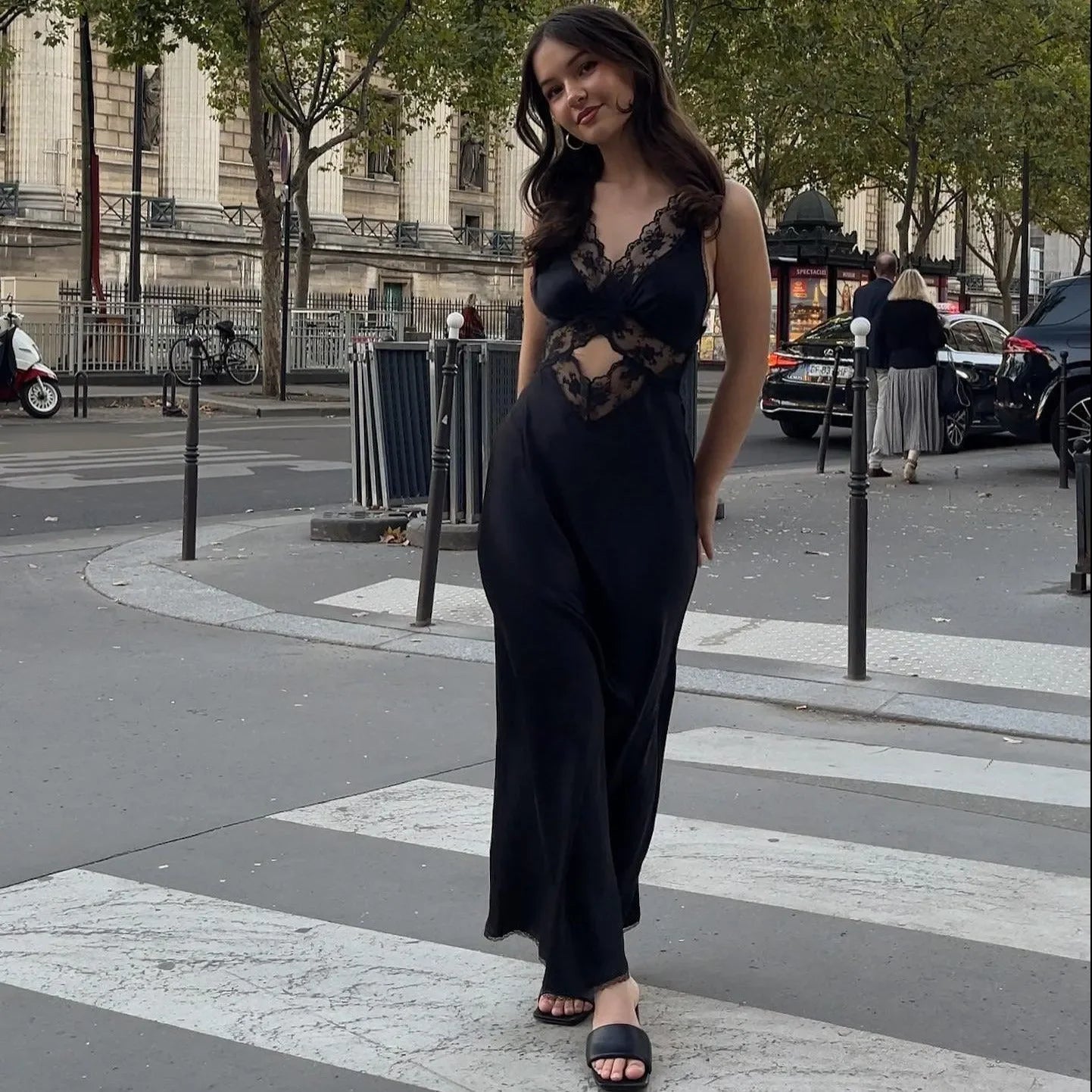 Be Mine Satin Lace Black Maxi Dress