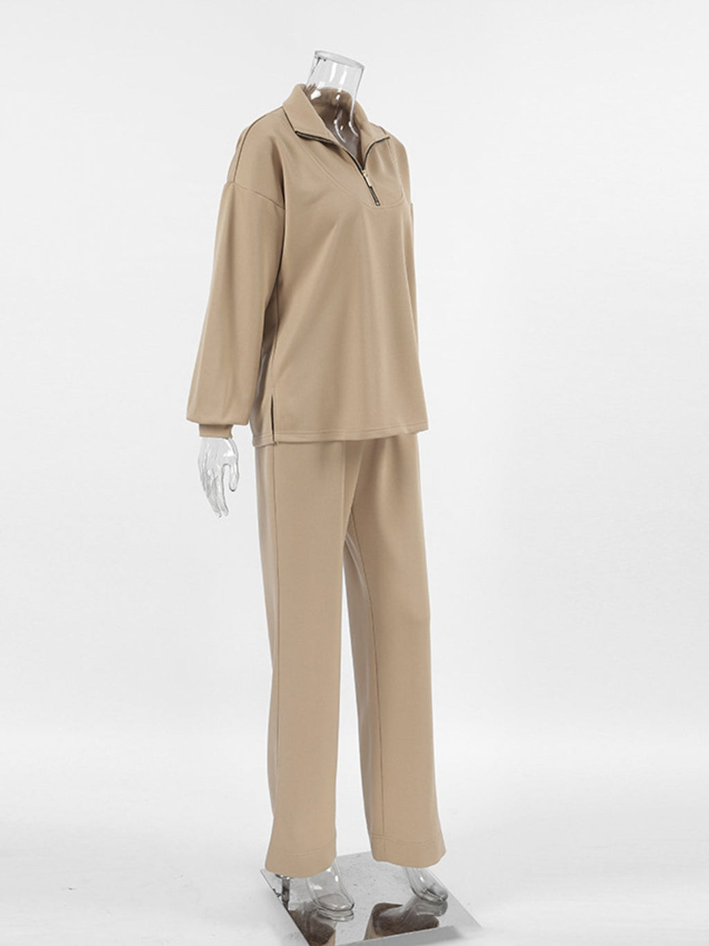 Women's Quarter Zip Long Sleeve Top & Wide Leg Pants Set Beige