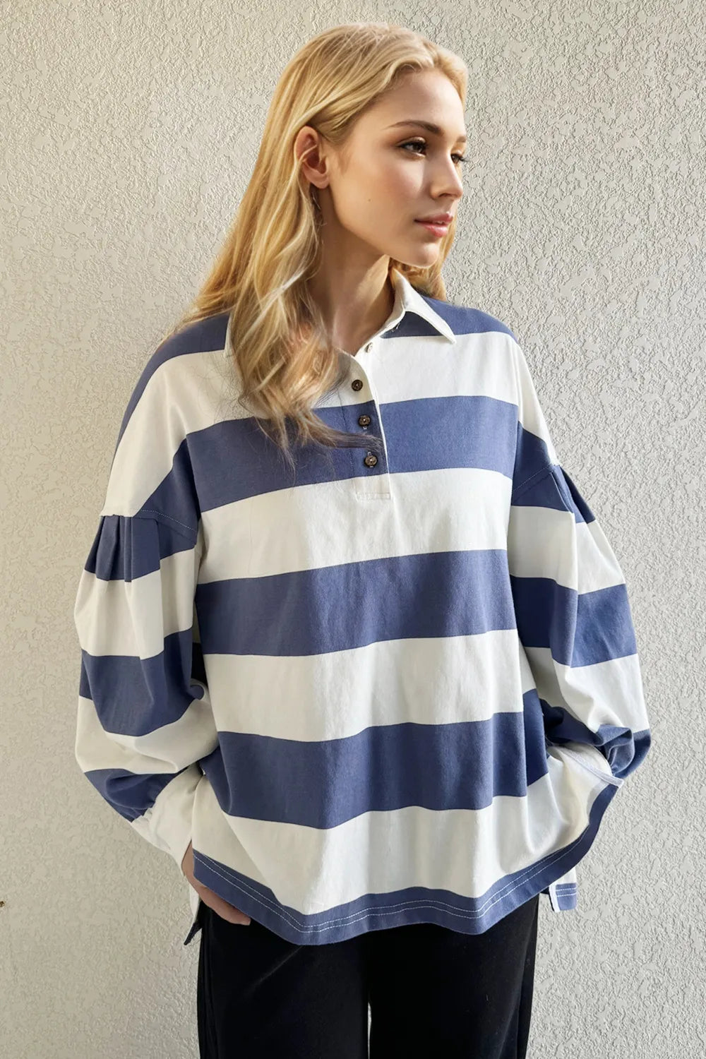 Pima Cotton Wide Stripe Collared Long Sleeve Top