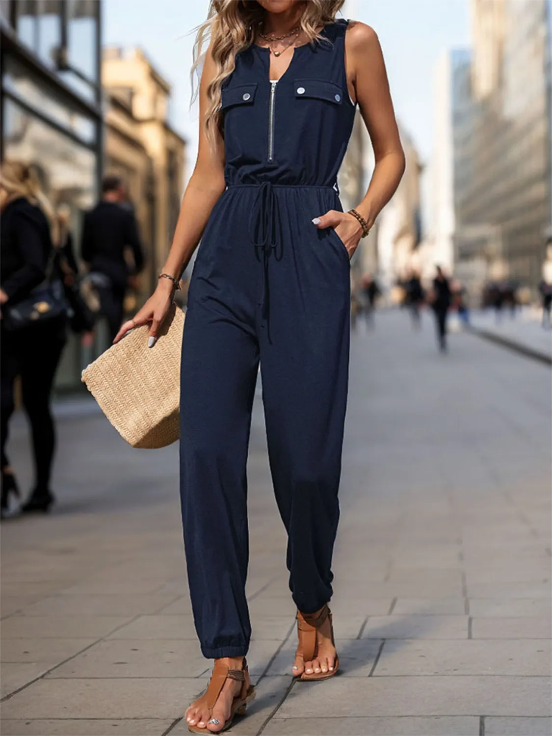 Gathered Waist Sleeveless Jumpsuit - Wide Leg