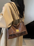Brown Faux Leather Shoulder Bag with Metal Chain Strap