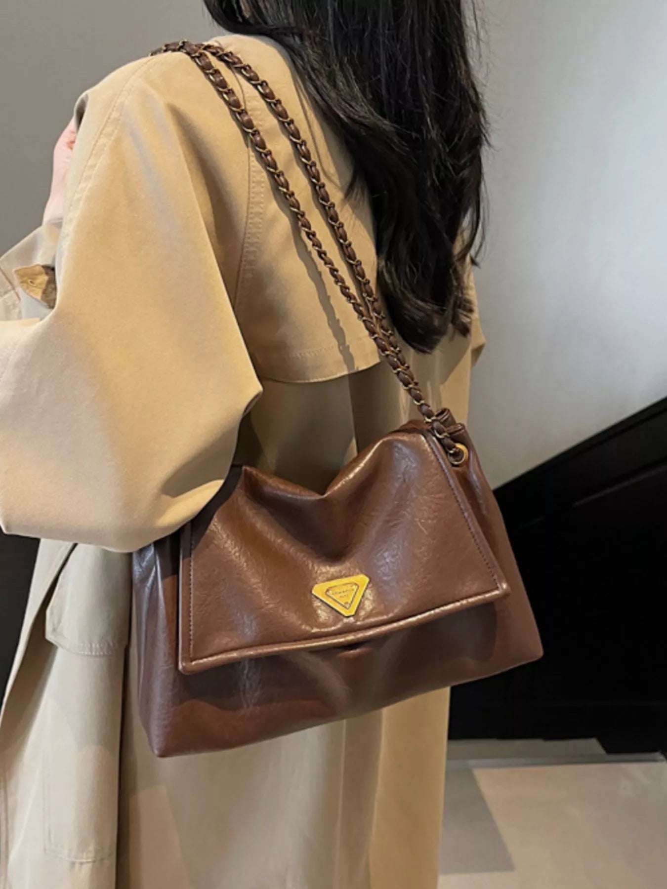 Brown Faux Leather Shoulder Bag with Metal Chain Strap