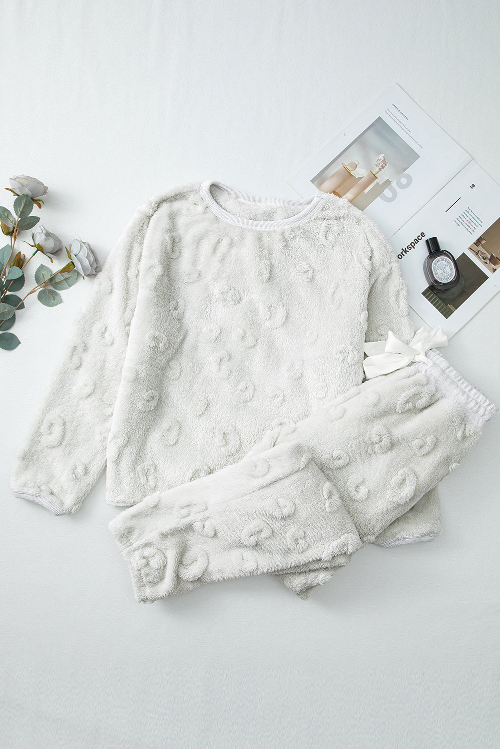 Light Grey Leopard Textured Loose Fit Fleece Loungewear Two-Piece – Cozy Set