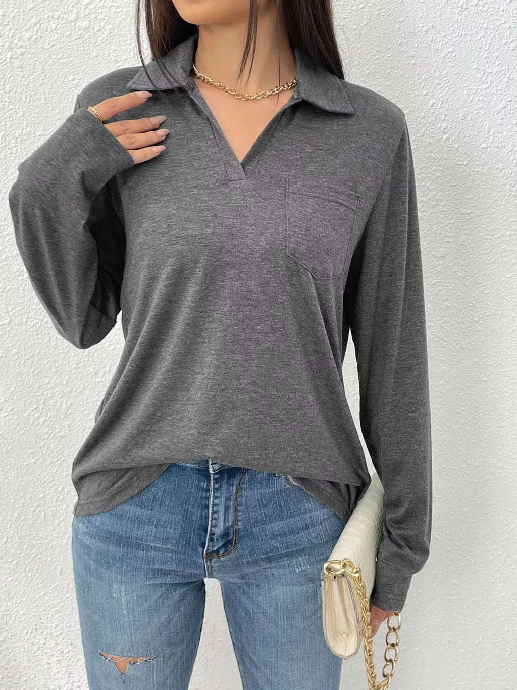 Women's Long Sleeve Polo Shirt Casual V-Neck Pullover Top
